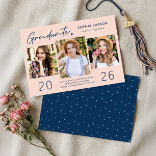 Youthful Navy Blush 3 Photo Collage Graduation Announcement