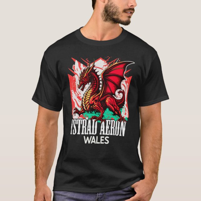Ystrad Aeron Wales Welsh Flag Y Ddraig Goch Dragon T-Shirt (Front)