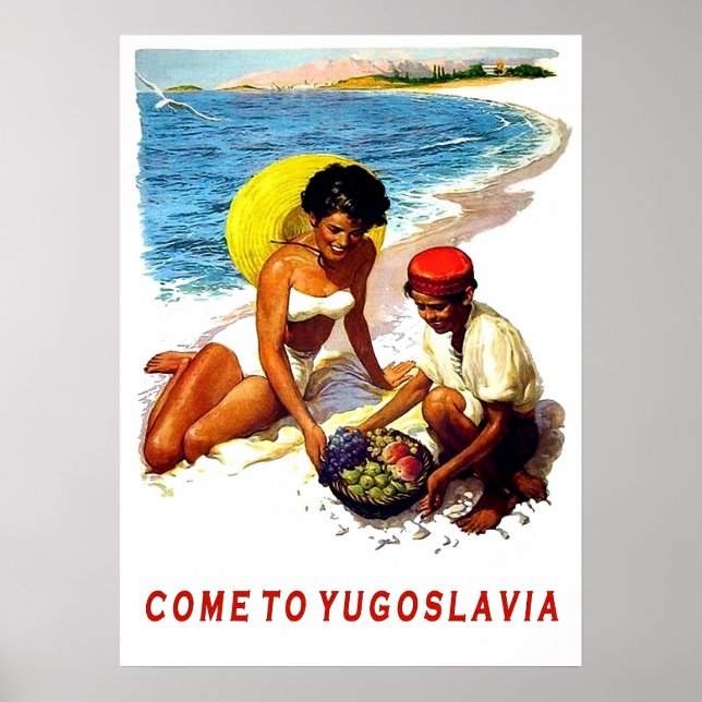 Yugoslavia, woman on the beach with fruit seller poster (Front)
