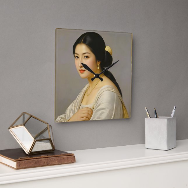 "Yuki Mori" Fine Art Woman's Portrait Square Wall Clock (Office)