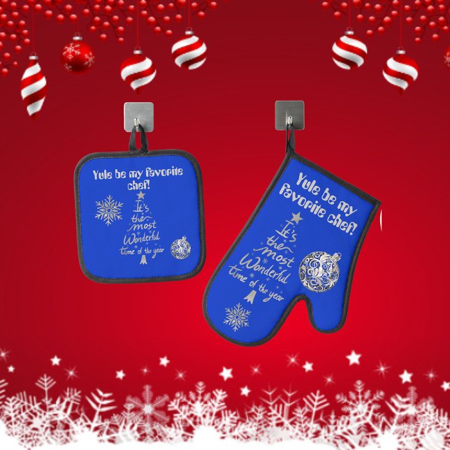 Yule be my Favourite Chef blue/silver Christmas | Oven Mitt & Pot Holder Set (Creator Uploaded)