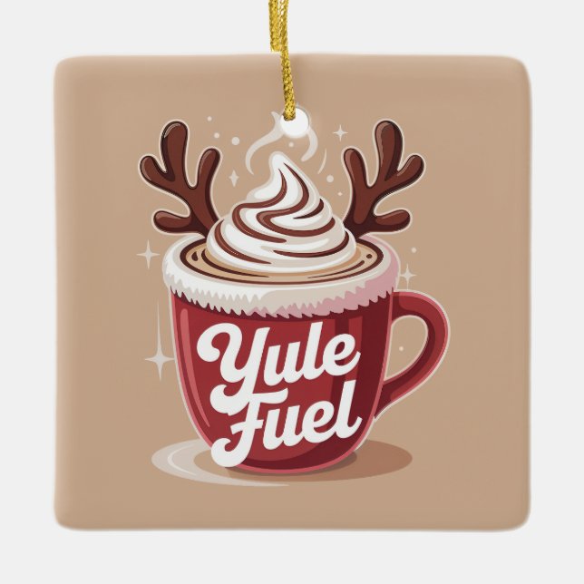 Yule Fuel • Cozy Cocoa & Coffee Christmas Ceramic Ornament (Front)