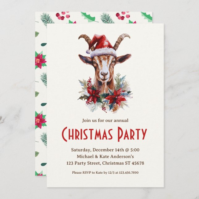 Yule Goat in Santa Hat Farm Animal Christmas Party Invitation (Front/Back)
