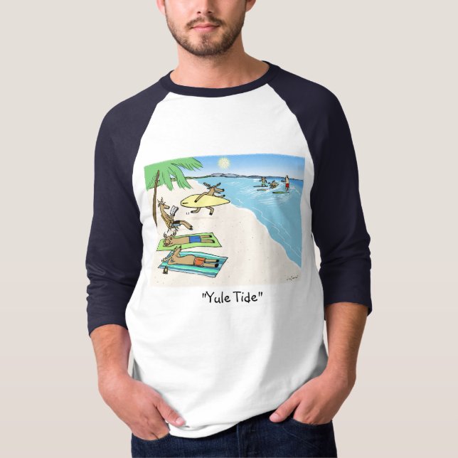 Yule Tide Santa & Reindeer Beach Vacation Holiday T-Shirt (Front)