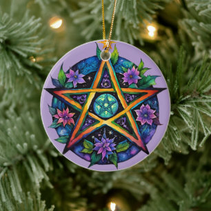 Yule Tree Winter Solstice Floral Wicca Pentacle Ceramic Ornament