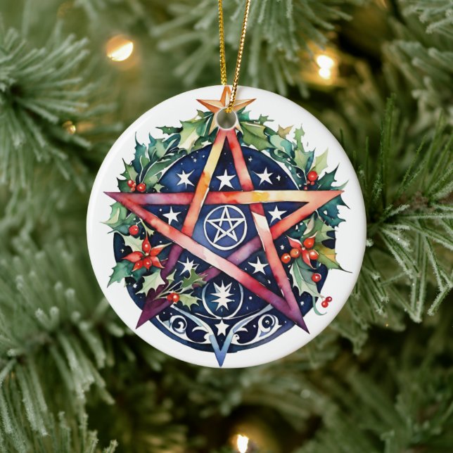 Yule Tree Winter Solstice Holly Wicca Pentacle Ceramic Ornament (Tree)