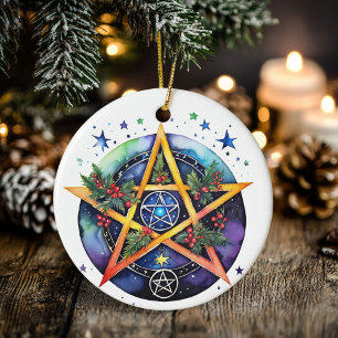 Yule Tree Winter Solstice Holly Wicca Pentacle Ceramic Ornament