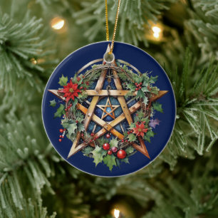 Yule Tree Winter Solstice Holly Wicca Pentacle Ceramic Ornament