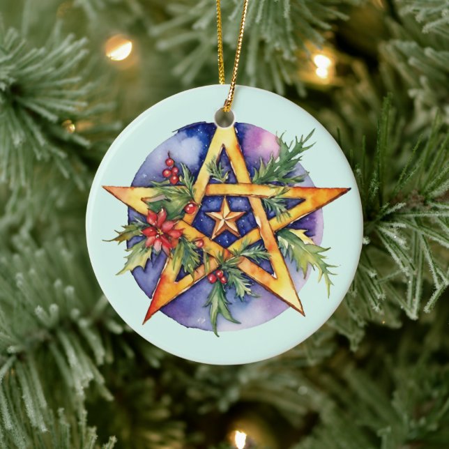 Yule Tree Winter Solstice Holly Wicca Pentacle Ceramic Ornament (Tree)