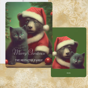 Yule Vintage Bear & Black Cat Flat Christmas Holiday Card