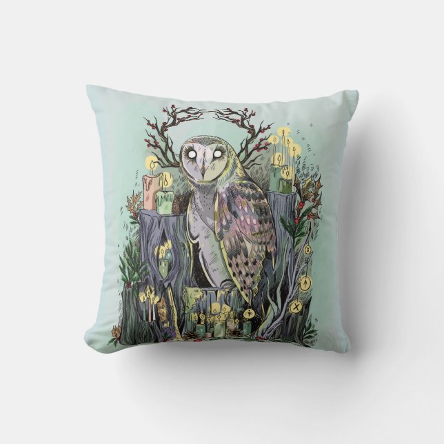Yule Winter Solstice Barn Owl With Runes Cushion (Front)