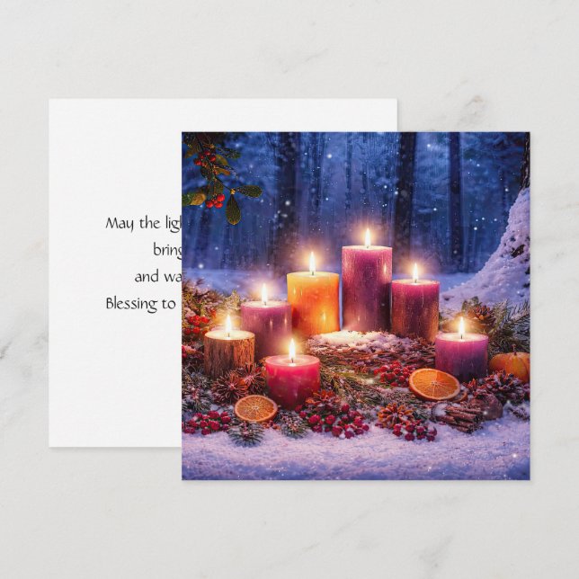 Yule Winter Solstice Candles and Lantern Snow Card (Front/Back)