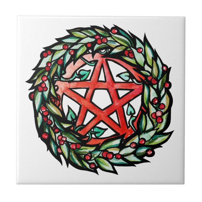 Yule Wreath Pentacle Pagan Pentagram Holiday       Ceramic Tile (Front)