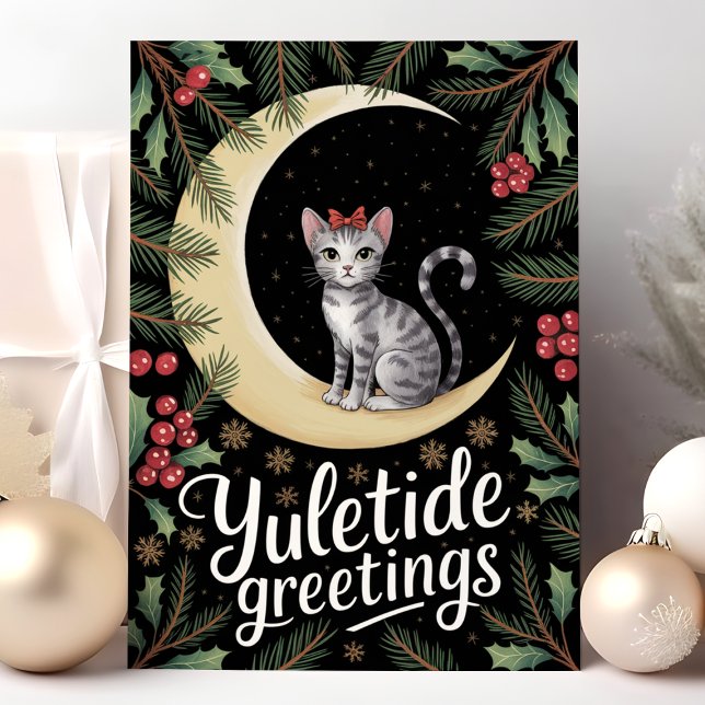 Yuletide Greetings Cat on Moon Christmas Holiday Card (Creator Uploaded)