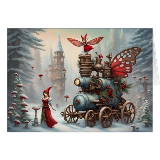 Yuletide Steampunk Engine Greeting Holiday Card (Front Horizontal)