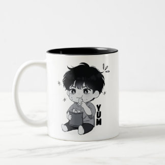 Yum Snacking Chibi Boy Relatable Foodie Illustrati Two-Tone Coffee Mug