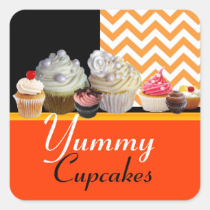 YUMMY BIRTHDAY CUPCAKES / ORANGE WHITE CHEVRON SQUARE STICKER