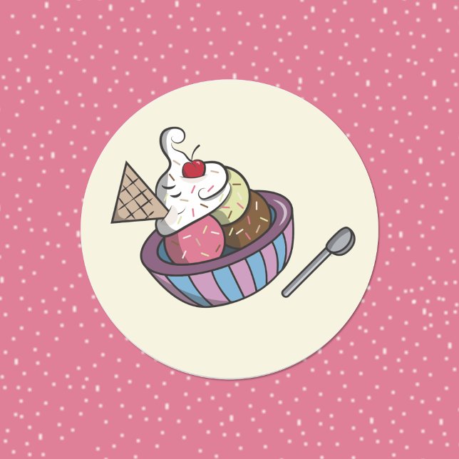 Yummy bowl of ice cream stickers (Yummy bowl of ice cream round decorative sticker . )