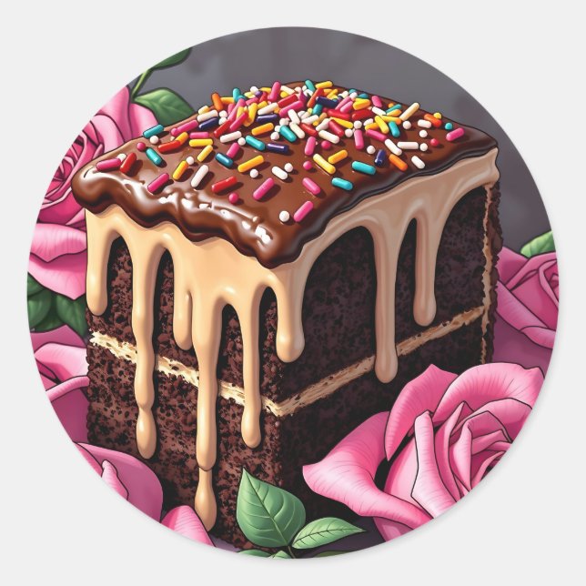 Yummy Chocolate Birthday Cake with Sprinkles Classic Round Sticker (Front)