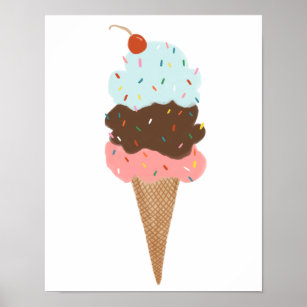Yummy Colourful Ice Cream Cone Triple Scoop Cute Poster