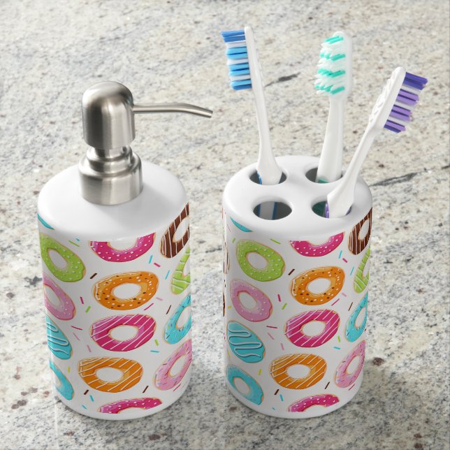 Yummy colourful sprinkles doughnuts toppings soap dispenser and toothbrush holder (Front)