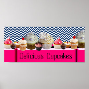 YUMMY CUPCAKES DESERT SHOP/ BLUE WHITE CHEVRON POSTER