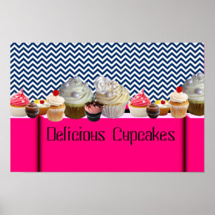 YUMMY CUPCAKES DESERT SHOP/ BLUE WHITE CHEVRON POSTER