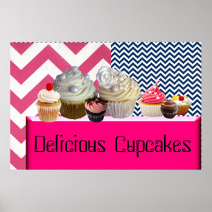 YUMMY CUPCAKES DESERT SHOP/PINK BLUE WHITE CHEVRON POSTER