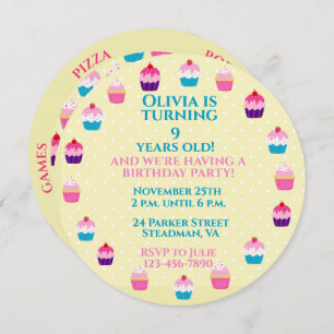 Yummy Cupcakes Round Kids Birthday Party Invitation