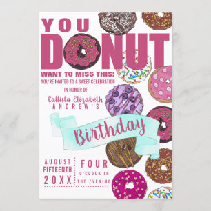 Yummy Cute Pink Teal Doughnuts Watercolor Birthday Invitation