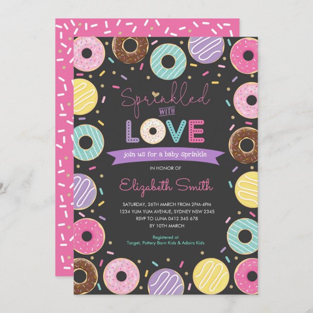 Yummy Doughnuts Girl Baby Sprinkle Chalkboard Invitation (Front/Back)