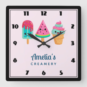 Yummy Ice Cream Trio Summer Vibe Business Kitchen Square Wall Clock