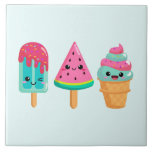 Yummy Ice Cream Trio Summer Vibe Ceramic Tile<br><div class="desc">Designed with an illustration of 3 different ice cream treats. A blue-green popsicle with strawberry drippings and colourful sprinkles. A watermelon popsicle. A cone with layers of delicious ice cream in pink and mint. All with cute kawaii smiles.</div>