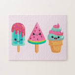 Yummy Ice Cream Trio Summer Vibe Jigsaw Puzzle<br><div class="desc">A puzzle with an illustration of 3 different ice cream treats. A blue-green popsicle with strawberry drippings and colourful sprinkles. A watermelon popsicle. A cone with layers of delicious ice cream in pink and mint. All with cute kawaii smiles.</div>