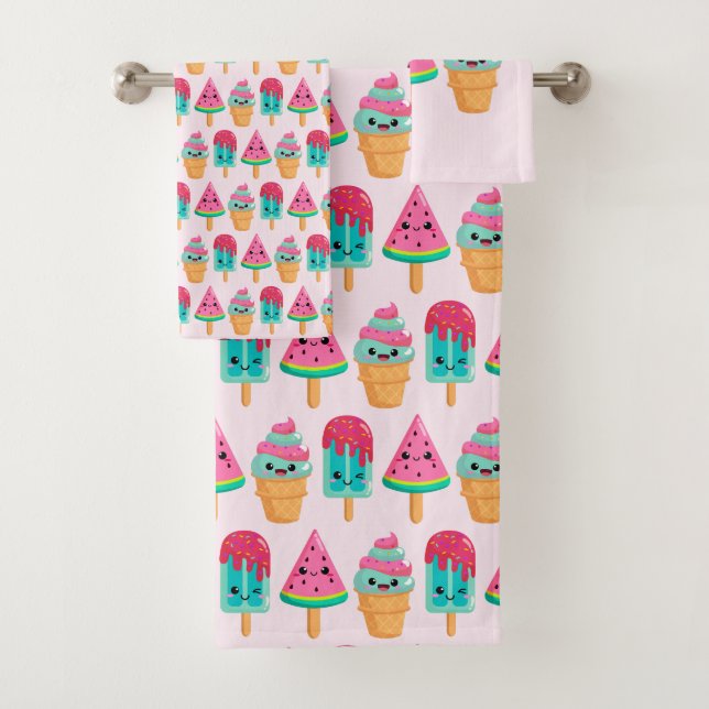 Yummy Ice Cream Trio Summer Vibe Pattern Bath Towel Set (Insitu)