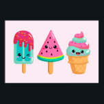 Yummy Ice Cream Trio Summer Vibe Poster<br><div class="desc">Poster with an illustration of 3 different ice cream treats. A blue-green popsicle with strawberry drippings and colourful sprinkles. A watermelon popsicle. A cone with layers of delicious ice cream in pink and mint. All with cute kawaii smiles.</div>