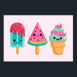 Yummy Ice Cream Trio Summer Vibe Poster<br><div class="desc">Poster with an illustration of 3 different ice cream treats. A blue-green popsicle with strawberry drippings and colourful sprinkles. A watermelon popsicle. A cone with layers of delicious ice cream in pink and mint. All with cute kawaii smiles.</div>