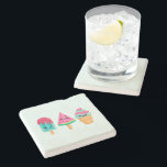 Yummy Ice Cream Trio Summer Vibe Stone Coaster<br><div class="desc">A stone coaster with an illustration of 3 different ice cream treats. A blue-green popsicle with strawberry drippings and colourful sprinkles. A watermelon popsicle. A cone with layers of delicious ice cream in pink and mint. All with cute kawaii smiles.</div>
