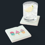 Yummy Ice Cream Trio Summer Vibe Stone Coaster<br><div class="desc">A stone coaster with an illustration of 3 different ice cream treats. A blue-green popsicle with strawberry drippings and colourful sprinkles. A watermelon popsicle. A cone with layers of delicious ice cream in pink and mint. All with cute kawaii smiles.</div>