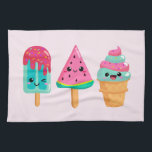 Yummy Ice Cream Trio Summer Vibe Tea Towel<br><div class="desc">A kitchen towel with an illustration of 3 different ice cream treats. A blue-green popsicle with strawberry drippings and colourful sprinkles. A watermelon popsicle. A cone with layers of delicious ice cream in pink and mint. All with cute kawaii smiles.</div>