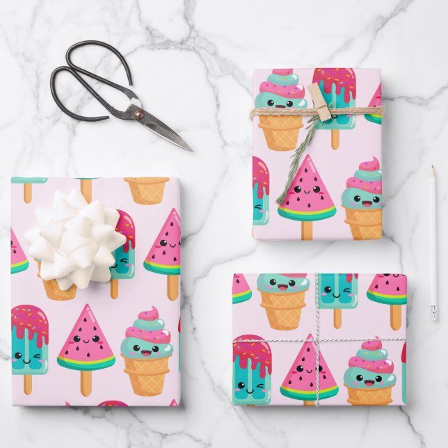 Yummy Ice Cream Trio Summer Vibe Wrapping Paper Sheet (Front)
