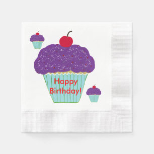Yummy Purple Frosting Cherry Cupcakes Birthday Napkin