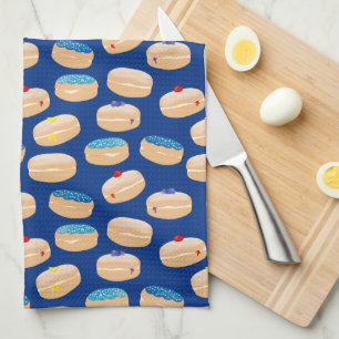 Yummy Sufganiyot Jelly Doughnuts Hanukkah Pattern Tea Towel