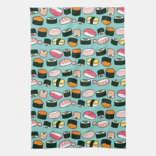 Yummy Sushi Fun Illustrated Pattern Tea Towel