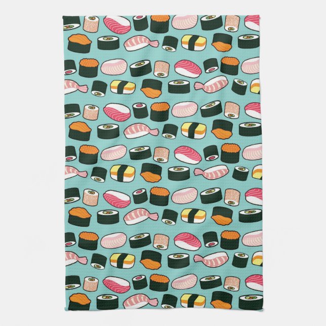 Yummy Sushi Fun Illustrated Pattern Tea Towel (Vertical)