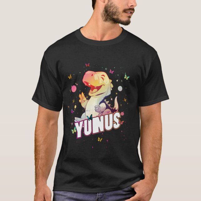 YUNUS - Cute Boy Name with cute Dinosaur T-Shirt (Front)