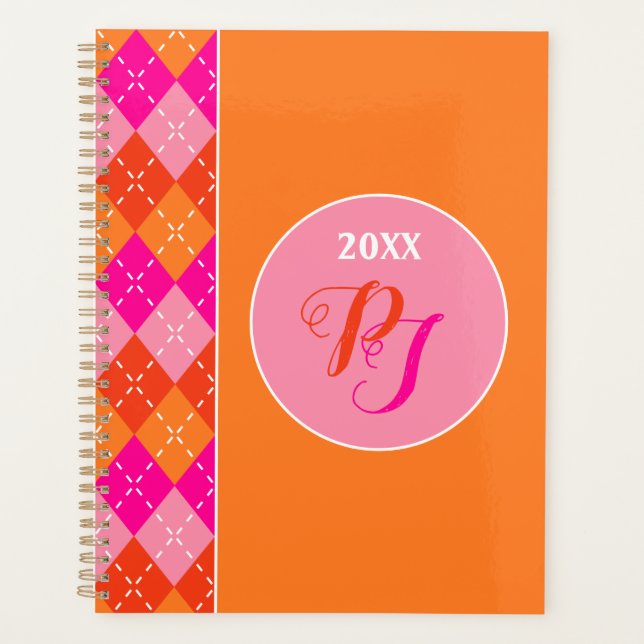 Yuppie Preppy Sporty Pink Orange Argyle Monogram Planner (Front)