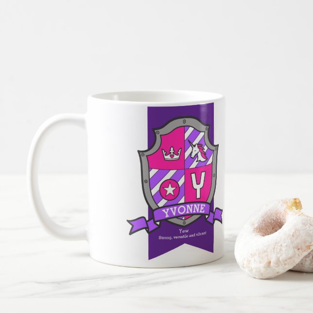 Yvonne letter Y crest pink unicorn name meaning Coffee Mug (With Donut)