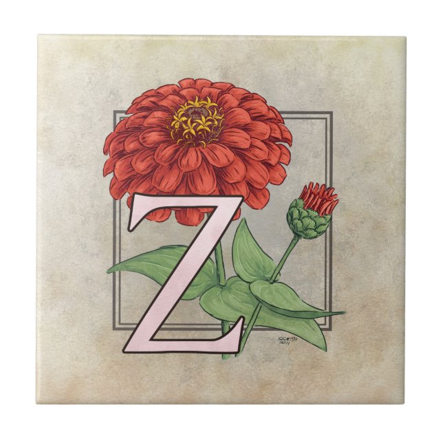 Z for Zinnias Flower Floral Monogram Art Ceramic Tile (Front)