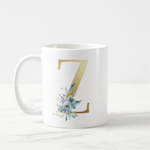 Z, golden initial with blue floral foliage coffee mug